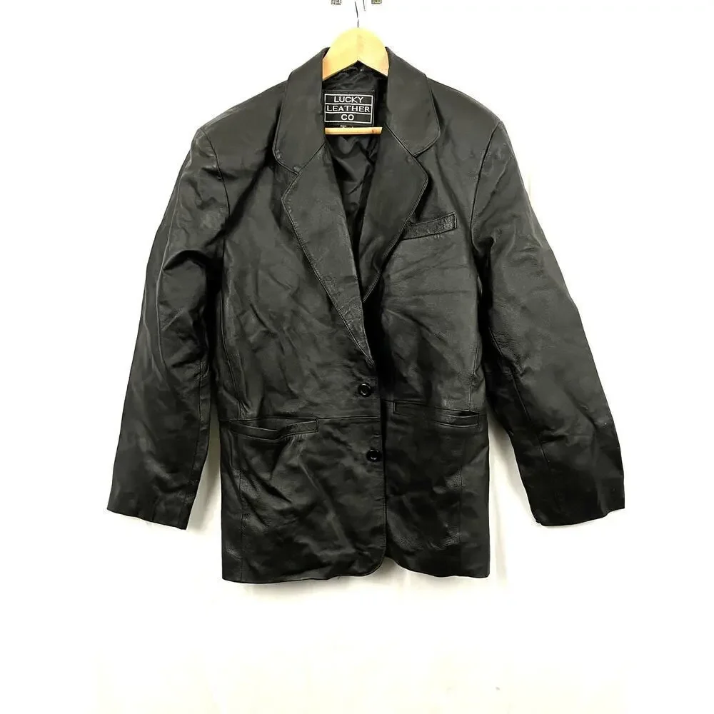 VTG Black Genuine Leather Jacket LARGE Lined Button Collar Lucky Leather Company